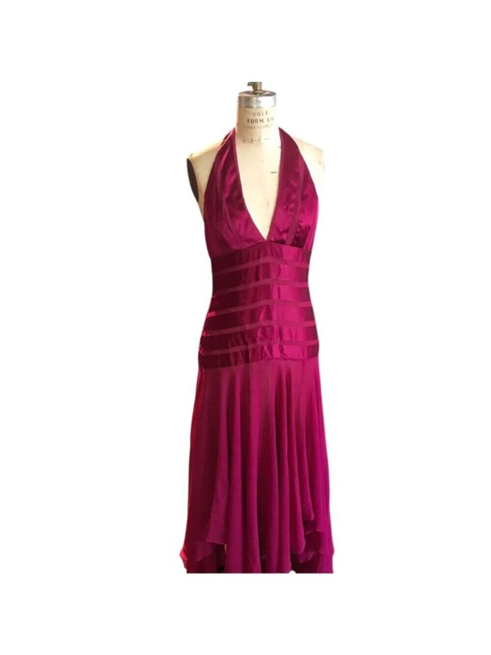 BCBGMAXAZRIA Fuchsia Halter Silk Dress Satin Bodice Tiered Chiffon High Low